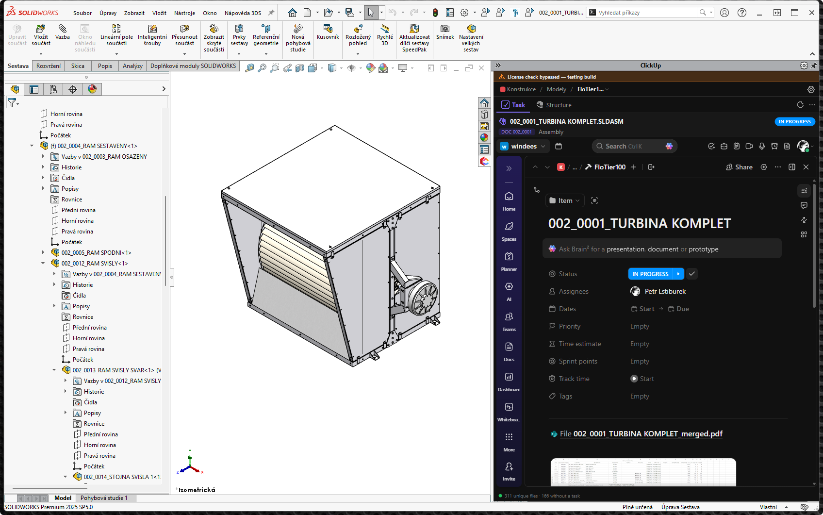 Smyčka: v task pane SolidWorks se rozsvítí úkol z ClickUpu vedle 3D modelu sestavy, na které se zrovna pracuje.